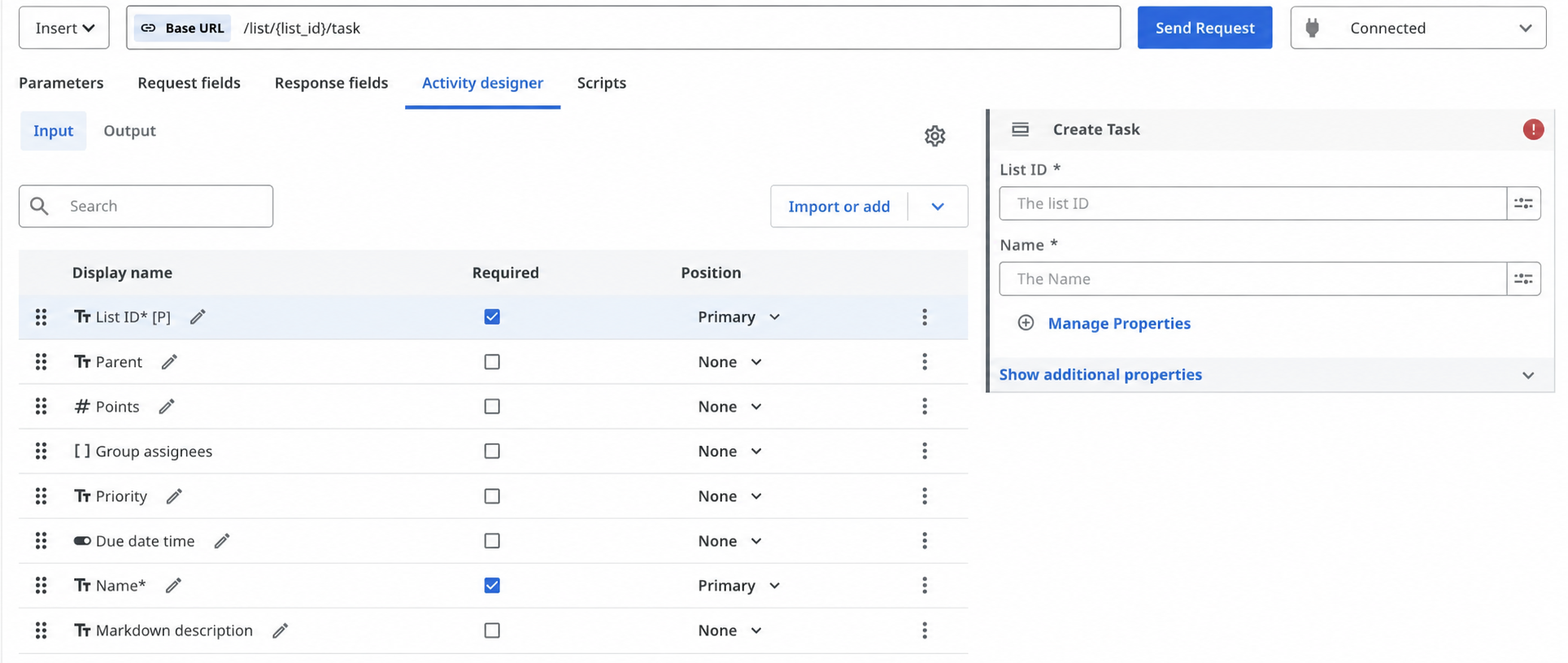 Activity designer tab with List ID and Name marked required, both shown in the Create Task preview
