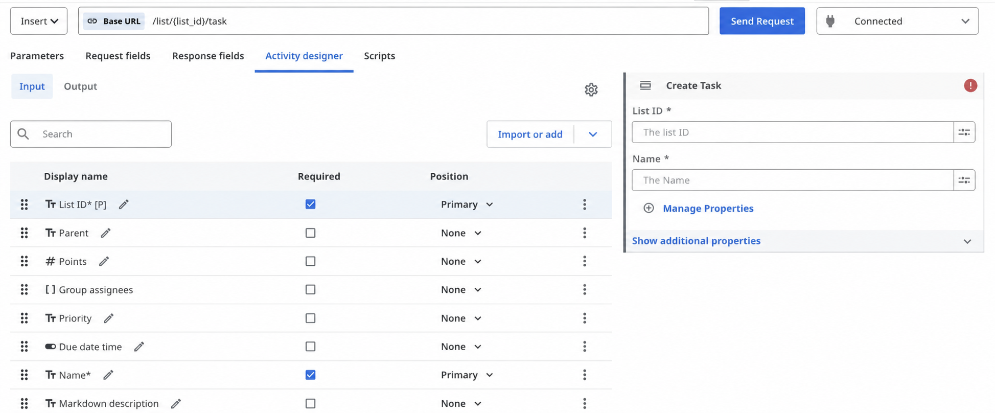 Required parameters shown with an asterisk and always visible on the activity canvas
