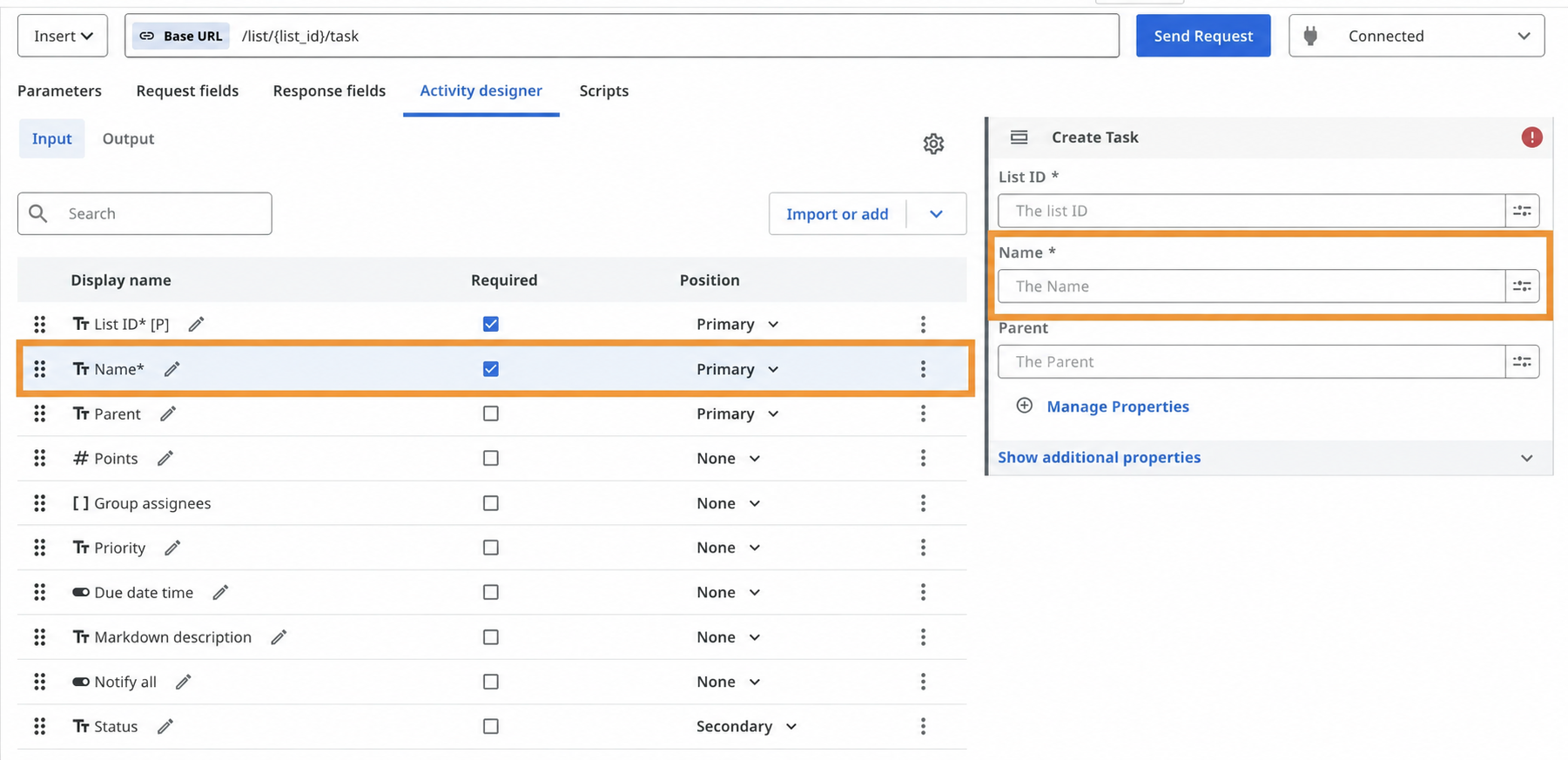 The Name parameter dragged above Parent, with the activity preview reordered to match