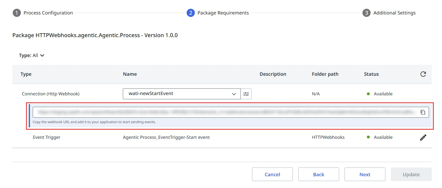 Webhook URL が強調表示された [パッケージ要件] ページ