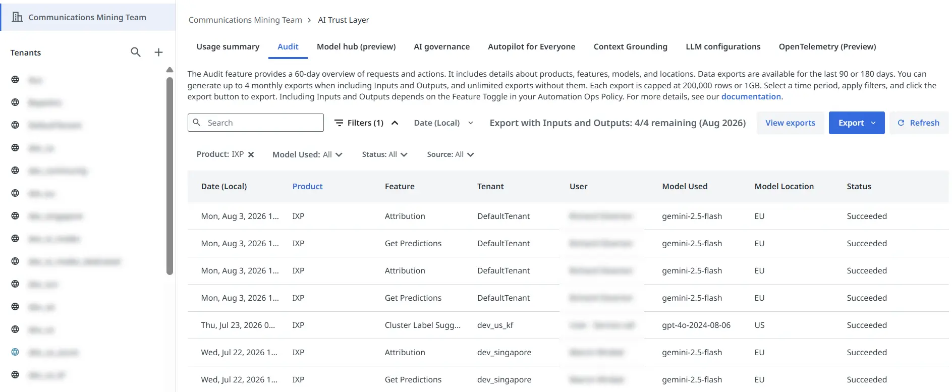 The Audit tab of the AI Trust Layer page, displaying Communications Mining entries with their date, product, feature, tenant, user, model used, model location, and status