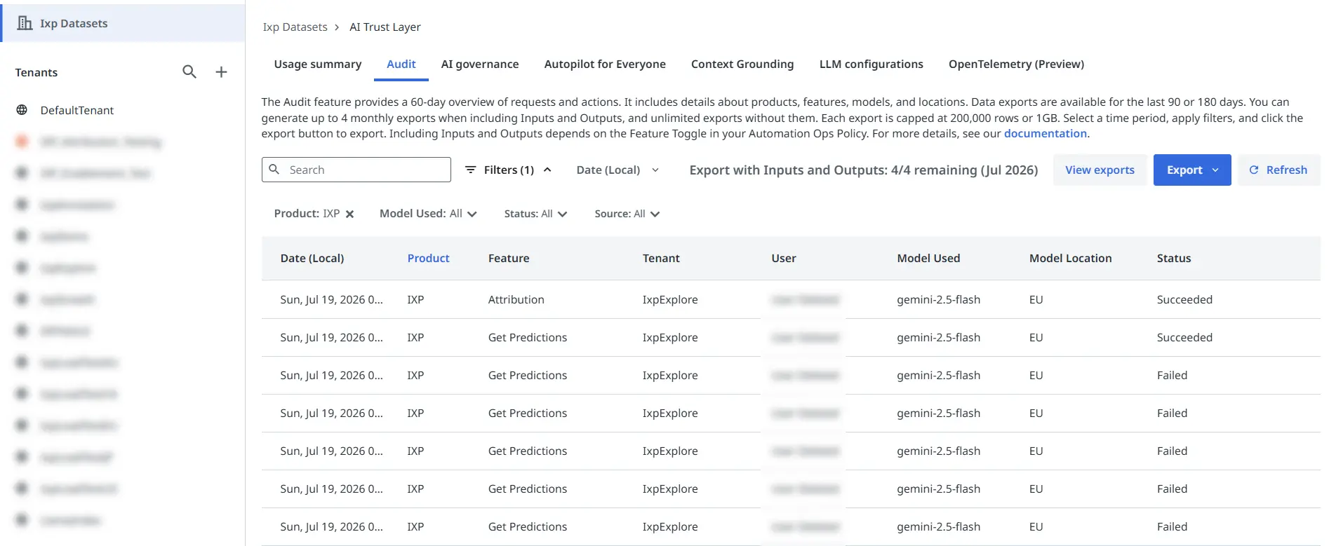 The Audit tab of the AI Trust Layer page, displaying extraction entries with their date, product, feature, tenant, user, model used, model location, and status