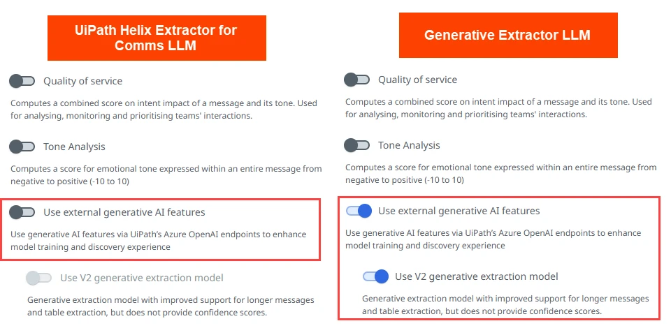 This image depicts the options to enable for the UiPath Helix Extractor for Comms and Preview LLMs.