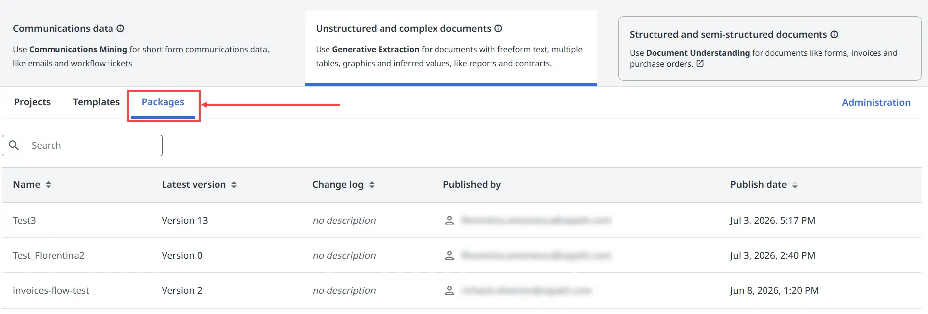 The Packages tab on the main Unstructured and Complex Documents page.