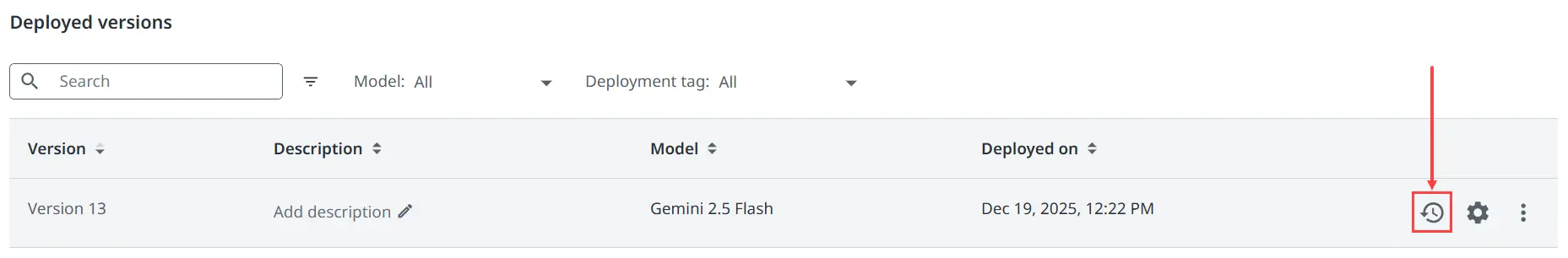 The Revert to model button under Deployed versions.