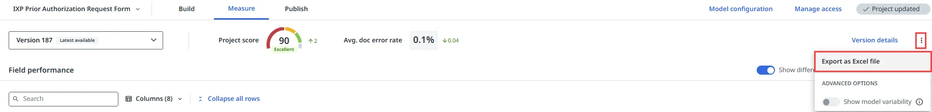 The Export as Excel file button for exporting data from the Measure page