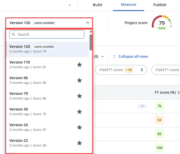 The version dropdown