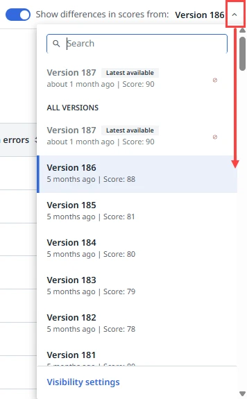 The version dropdown using score differences