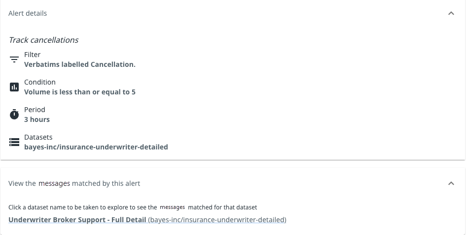 Warnungsdetails und ein Beispiel für übereinstimmende Meldungen.