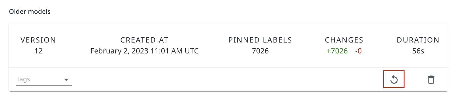 [モデル] ページのモデルのロールバック ボタンの画像