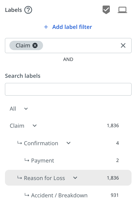 Kombinierter Bezeichnungsfilter mit Taxonomieleiste und einzeln hinzugefügten Bezeichnungsfiltern