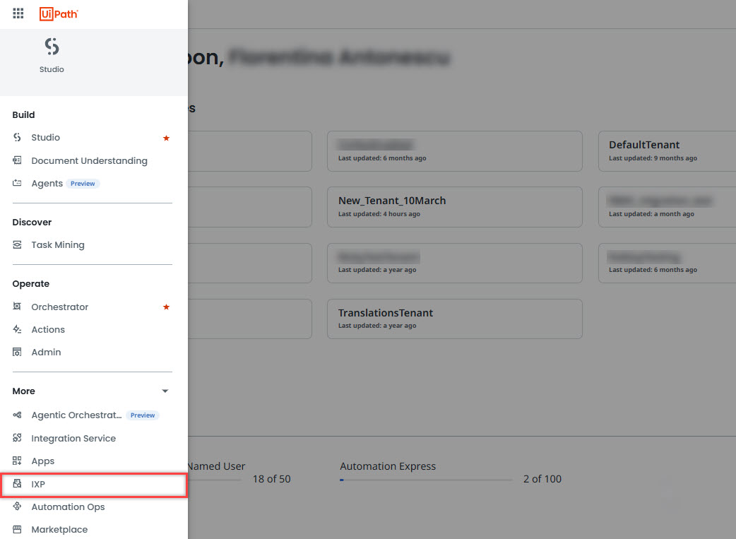 This image depicts the Automation Cloud homepage with all available services, highlighting IXP.