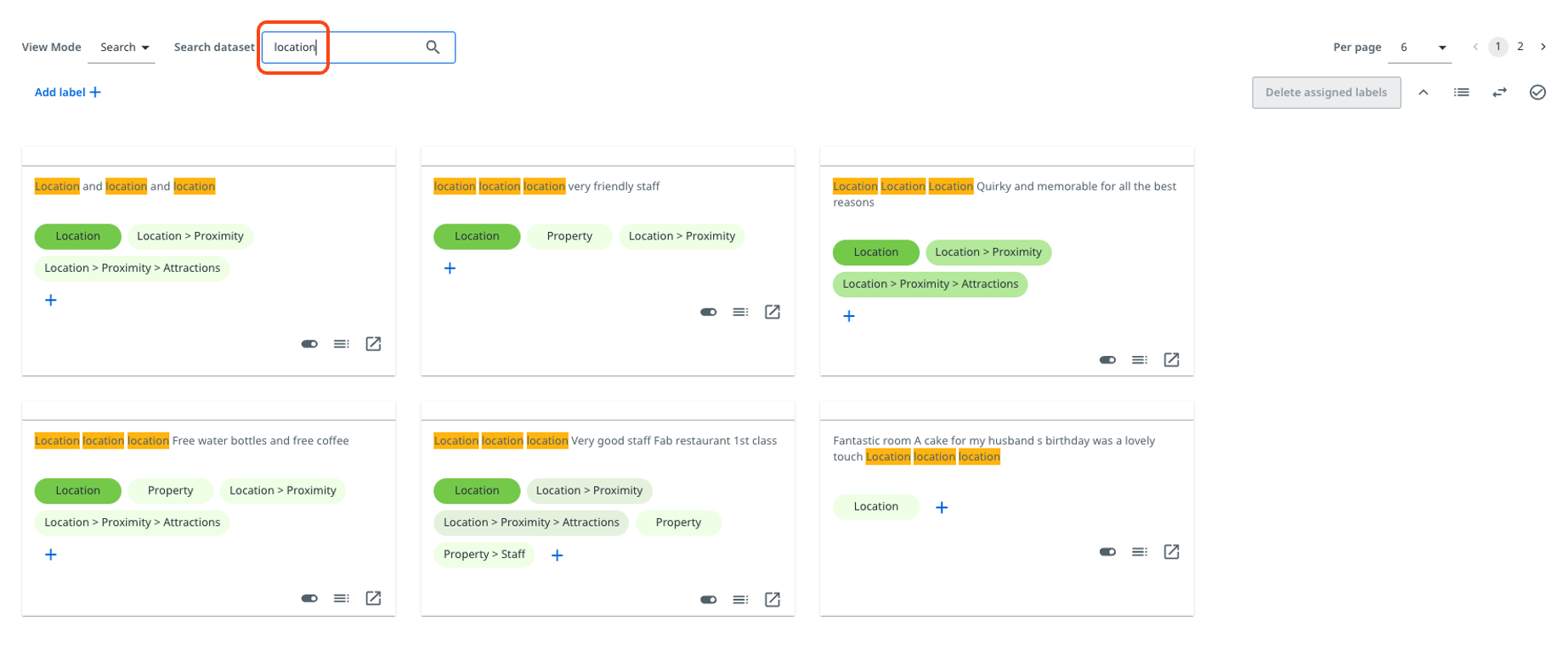 Beispiel eines Clusters bei der Suche nach der Standort-Beschriftung.