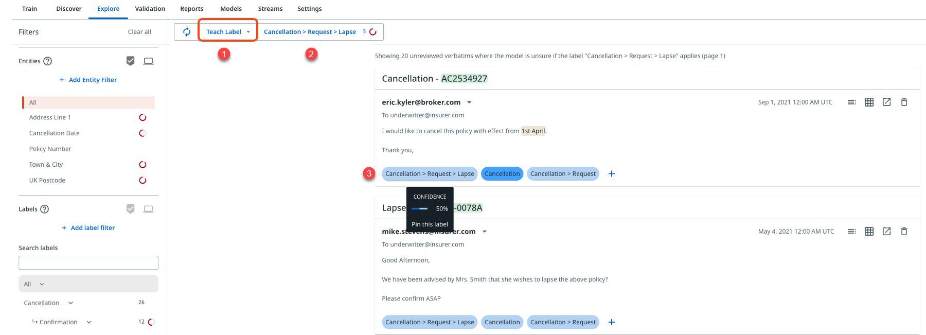 Example of using the Teach Label option in the Explore tab.
