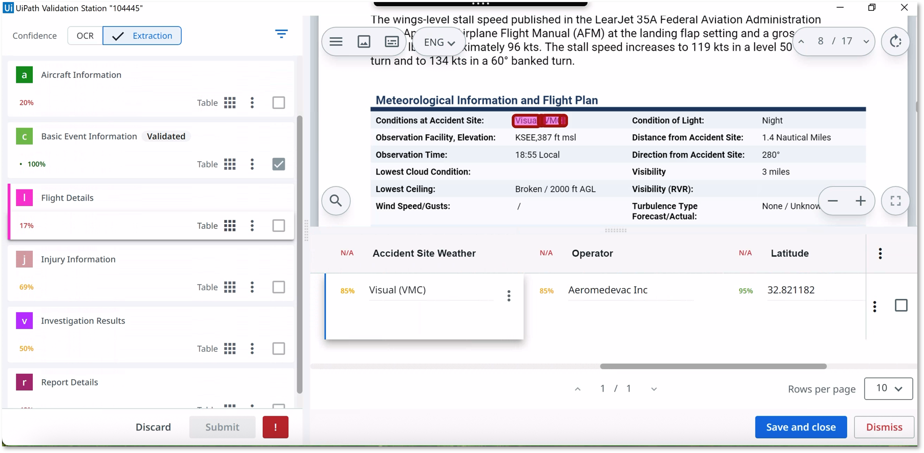 在 Action Center 中验证提取的示例。