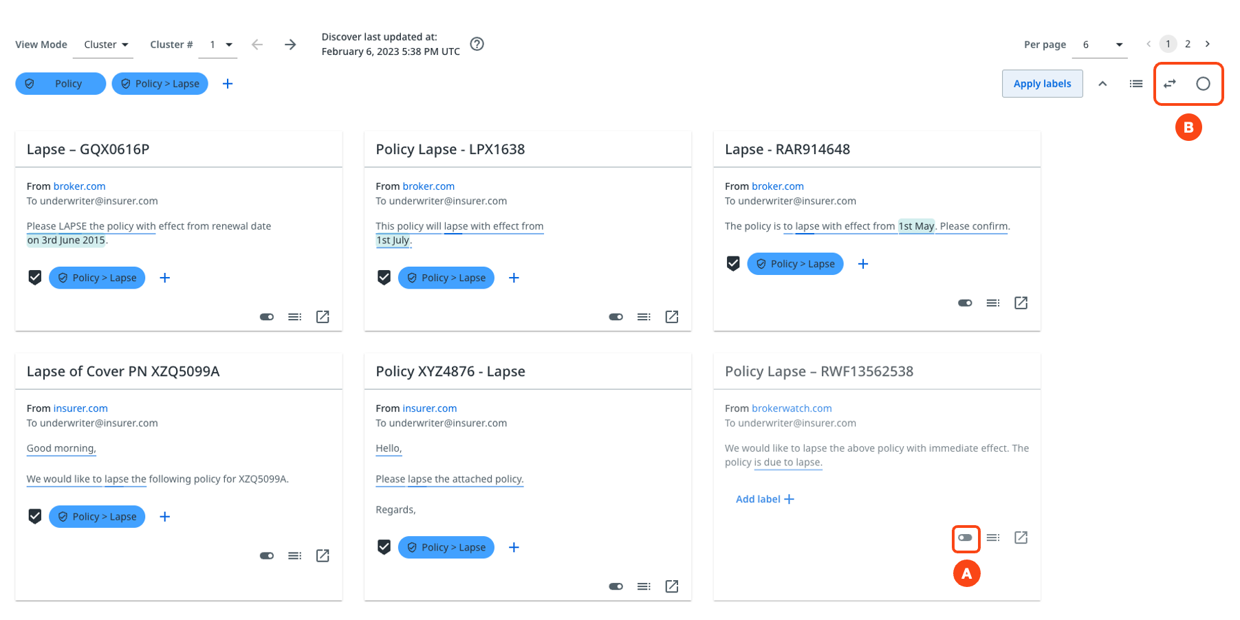 Excluindo mensagens individuais da seleção em massa no Discover.