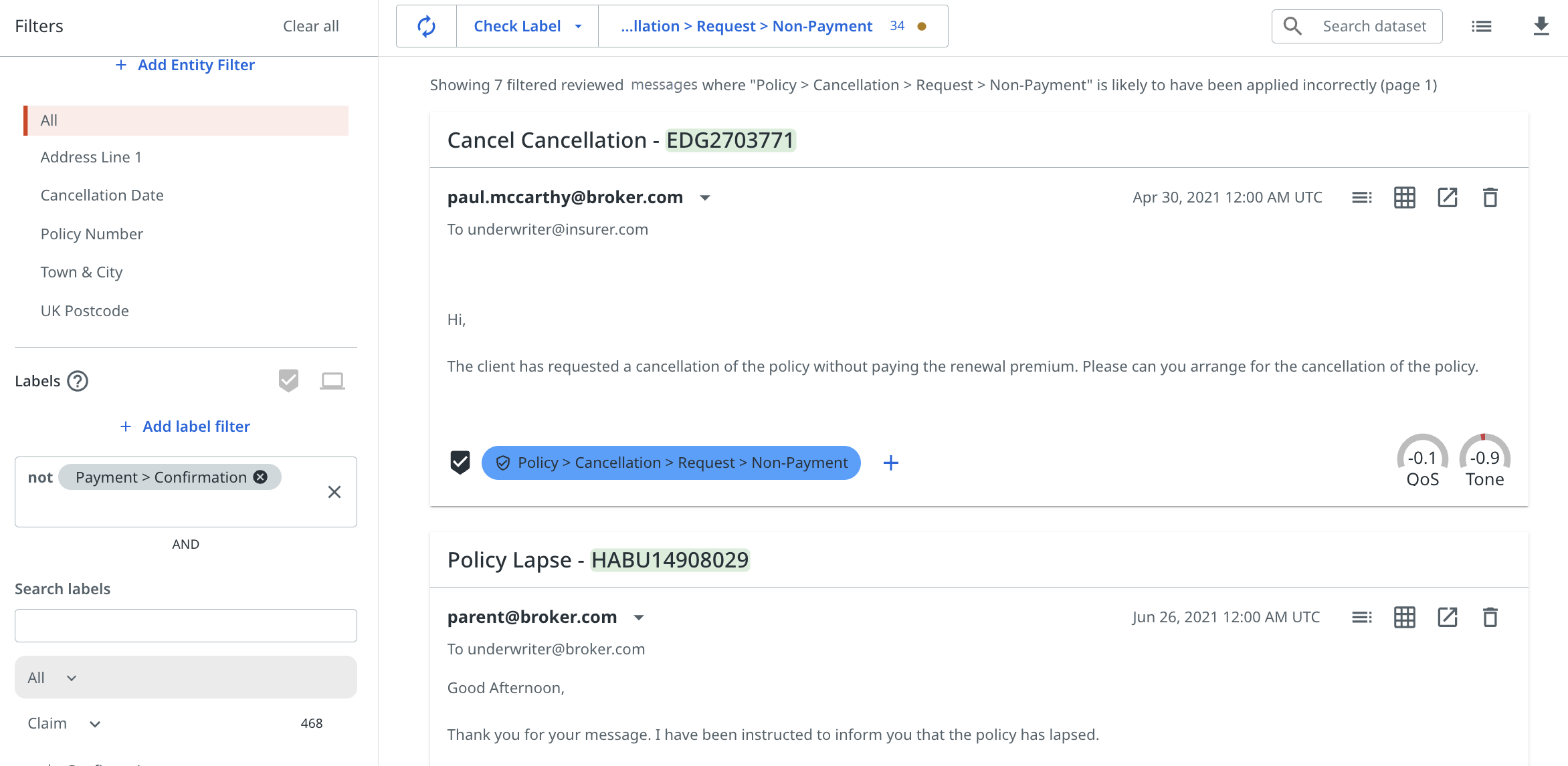Seite erkunden mit dem Überprüfen des Beschriftungsmodus für eine bestimmte Beschriftung, wobei ein zusätzlicher Beschriftungsausschlussfilter angewendet wurde.
