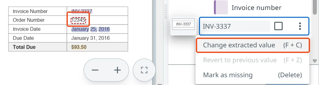 A word selected in the document and the Change extracted value option highlighted in the field menu.