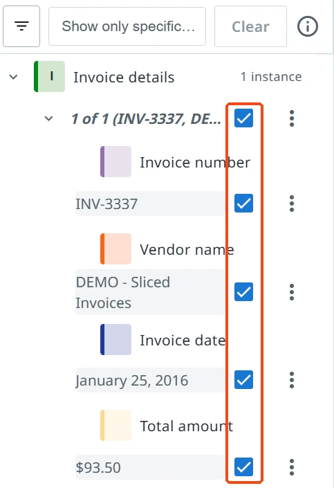 The annotation panel with the selected checkboxes of confirmed values highlighted.