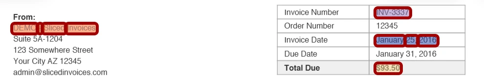 Highlighted references of confirmed values in the document, each with a solid border.