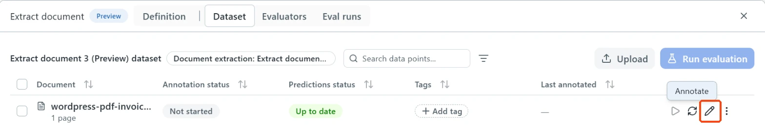The Dataset tab of the Extract document node, with the Annotate icon of a document highlighted.
