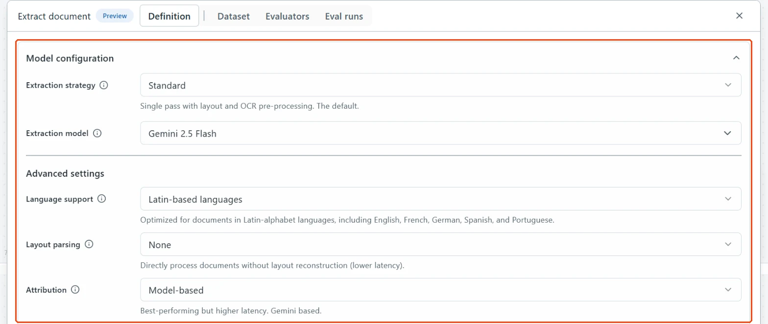 The Model configuration section expanded in the Definition tab, showing the extraction strategy, extraction model, and advanced settings.