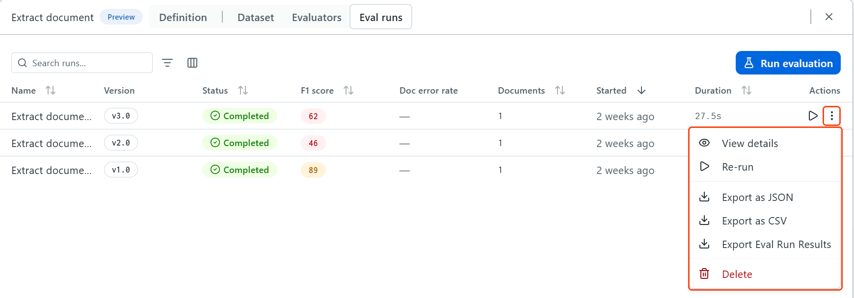 The Eval runs tab, with the ellipsis of a run and its list of actions highlighted.