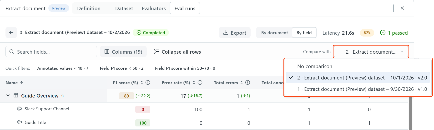 The Compare with dropdown of an evaluation run, open and showing the No comparison option and the previous runs, highlighted.