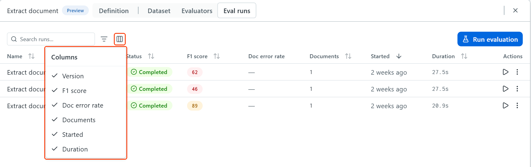 The Eval runs tab, with the columns icon and the Columns list highlighted.