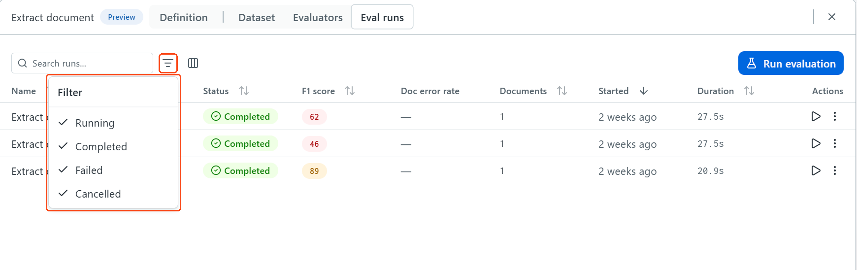 The Eval runs tab, with the filter icon and the Filter list of run statuses highlighted.