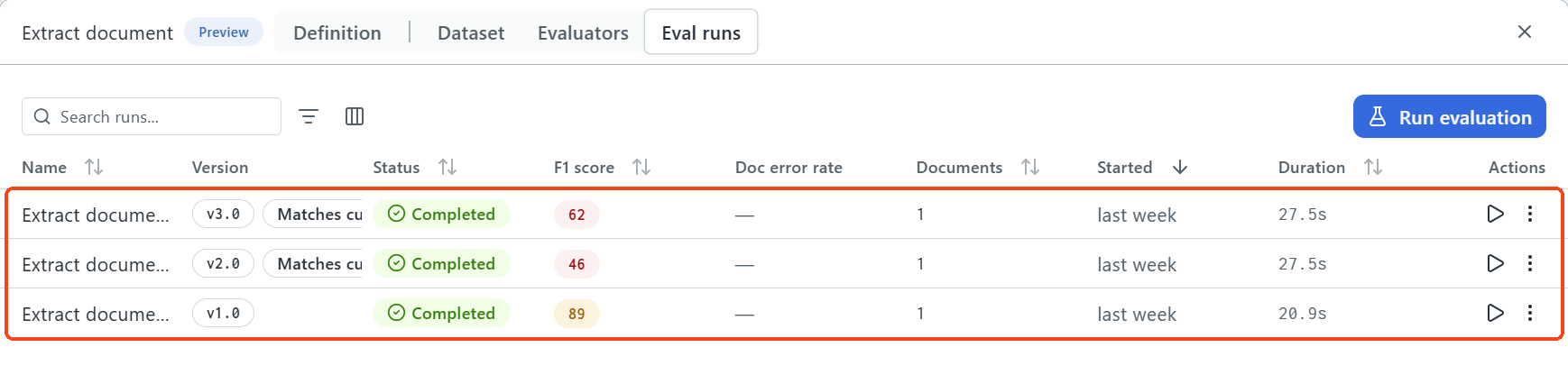 The Eval runs tab of the Extract document node, with the list of evaluation runs highlighted.
