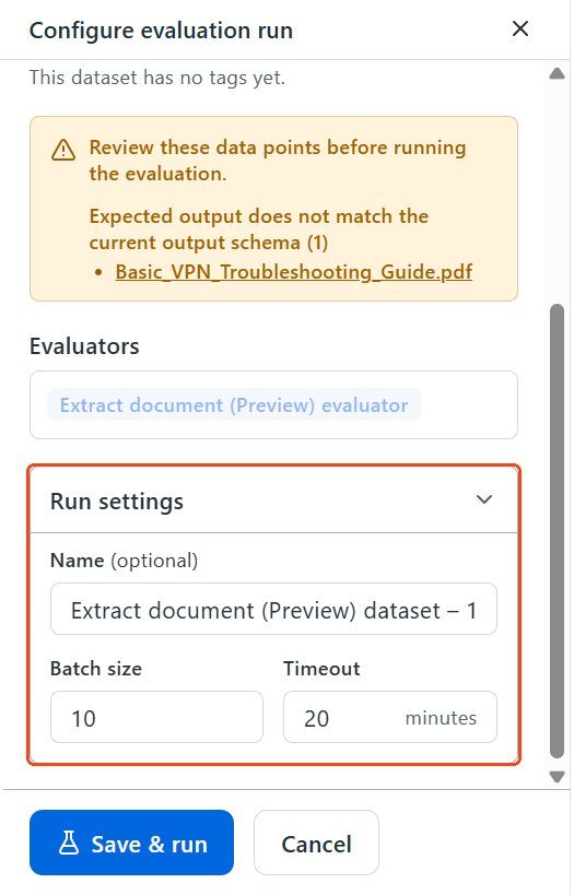 The Configure evaluation run pane, with the Run settings section highlighted.