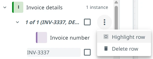 The field group row menu with the Highlight row and Delete row options.