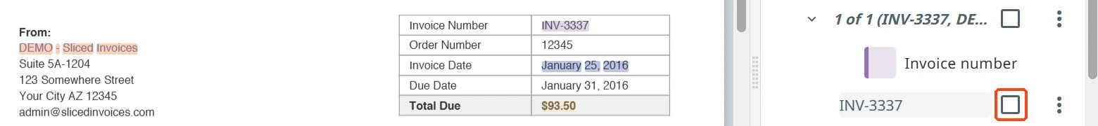 Filled highlights in the document, in the colors of their fields, with the cleared checkbox of an unconfirmed value highlighted in the annotation panel.