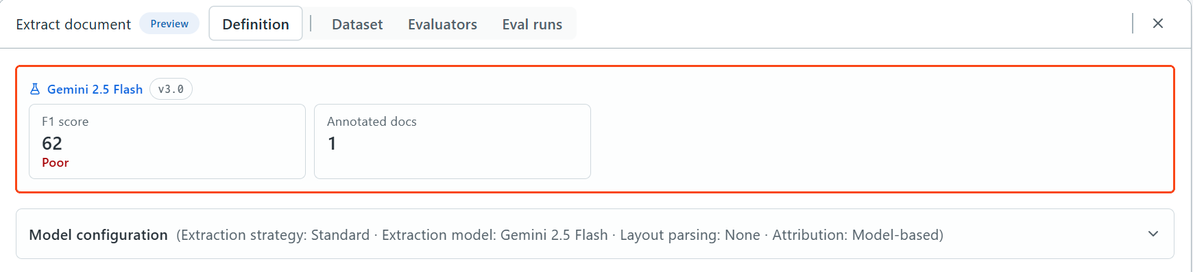 The Definition tab of the Extract document node, with the health score highlighted.