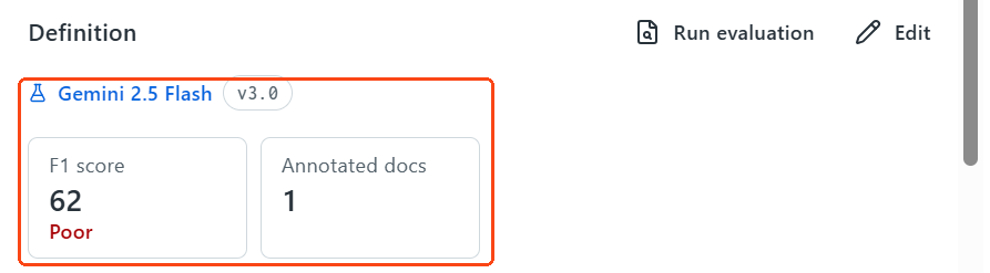 The Definition section of the properties pane of the Extract document node, with the health score highlighted.