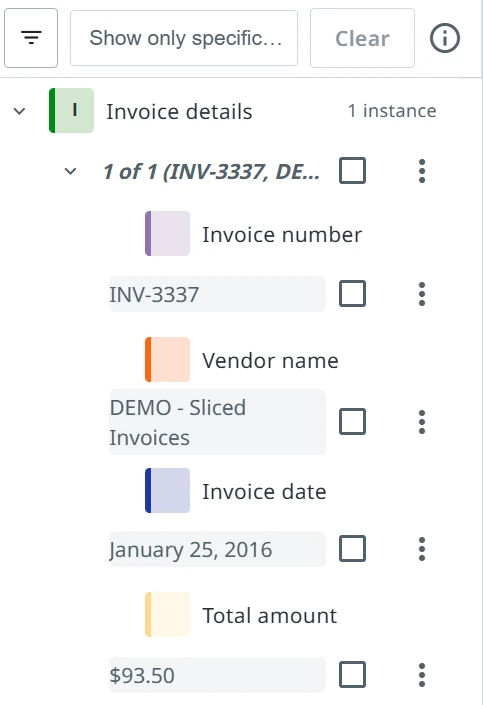 The annotation panel with the predicted values of the Invoice details field group, none of them confirmed.