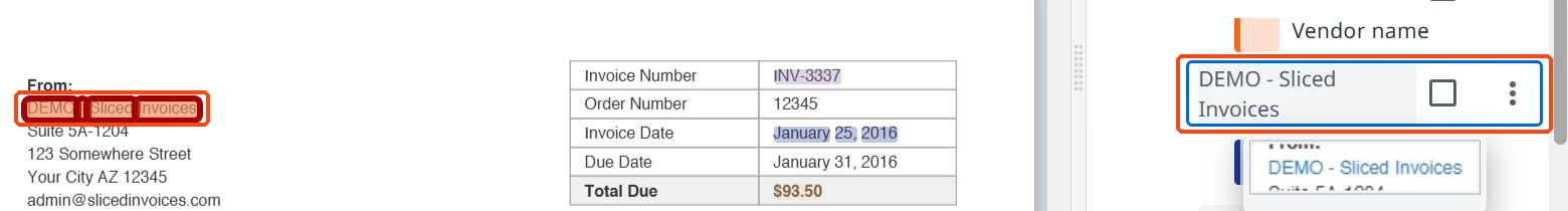 The selected Vendor name value in the annotation panel, which is the prediction, and its highlighted span in the document, which is the reference.