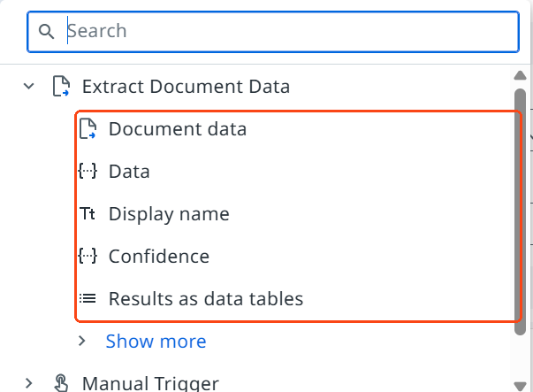 The list of variables in Studio Web, with the outputs of the Extract Document Data activity highlighted.