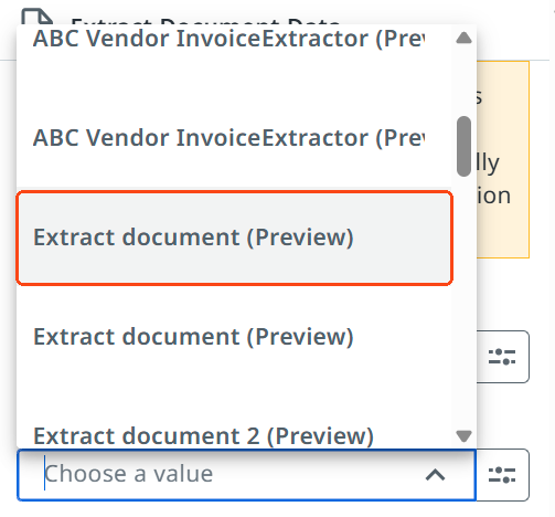 The Document Understanding project dropdown list in Studio Web, with the model of an Extract node highlighted.