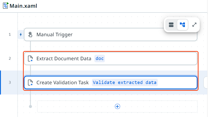 An RPA workflow in Studio Web, with the Extract Document Data and Create Validation Task activities highlighted.