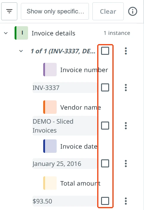 The annotation panel with the cleared checkboxes of unconfirmed values highlighted.