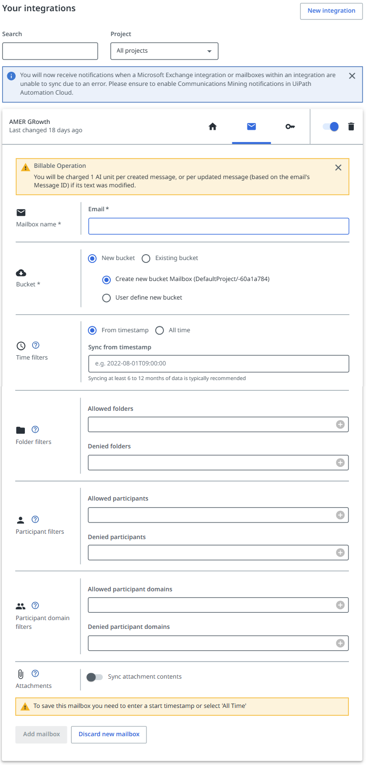 Configurar un nuevo buzón en la página Integraciones.