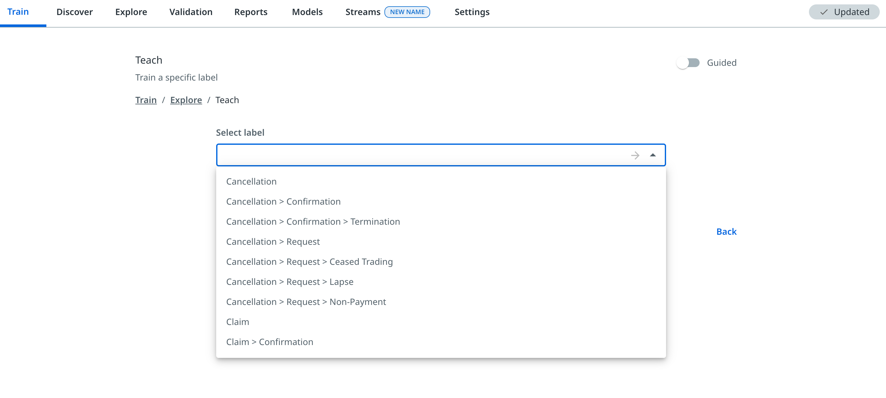 Apprenez au sélecteur de libellé à l'aide d'une interface d'entraînement non guidée.