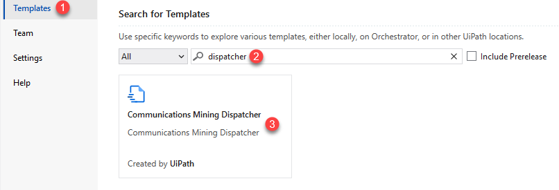 The Communications Mining Dispatcher framework in the Studio templates.