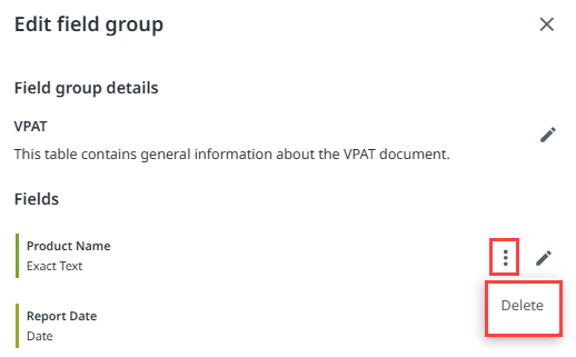 O botão Excluir campo no painel lateral Editar grupo de campos na página Validar previsões.