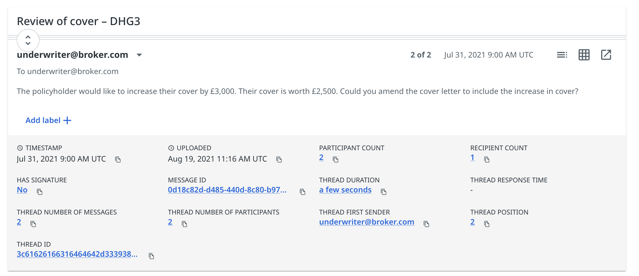 L'image représente un exemple de métadonnées associée à un message.