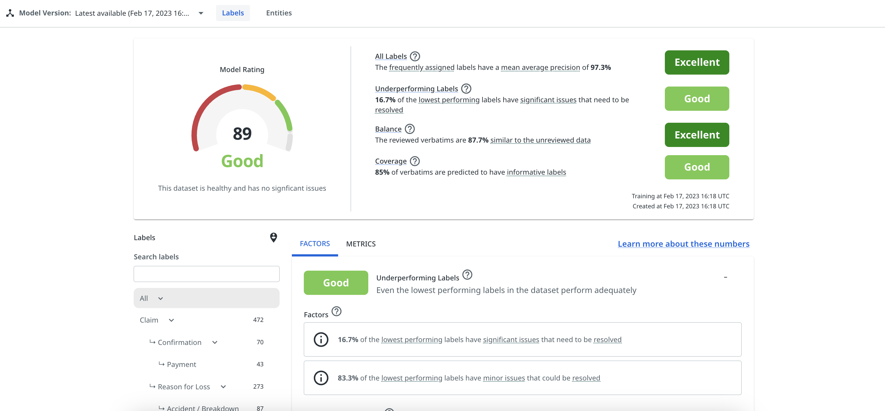 The image depicts the default Validation page for Labels.
