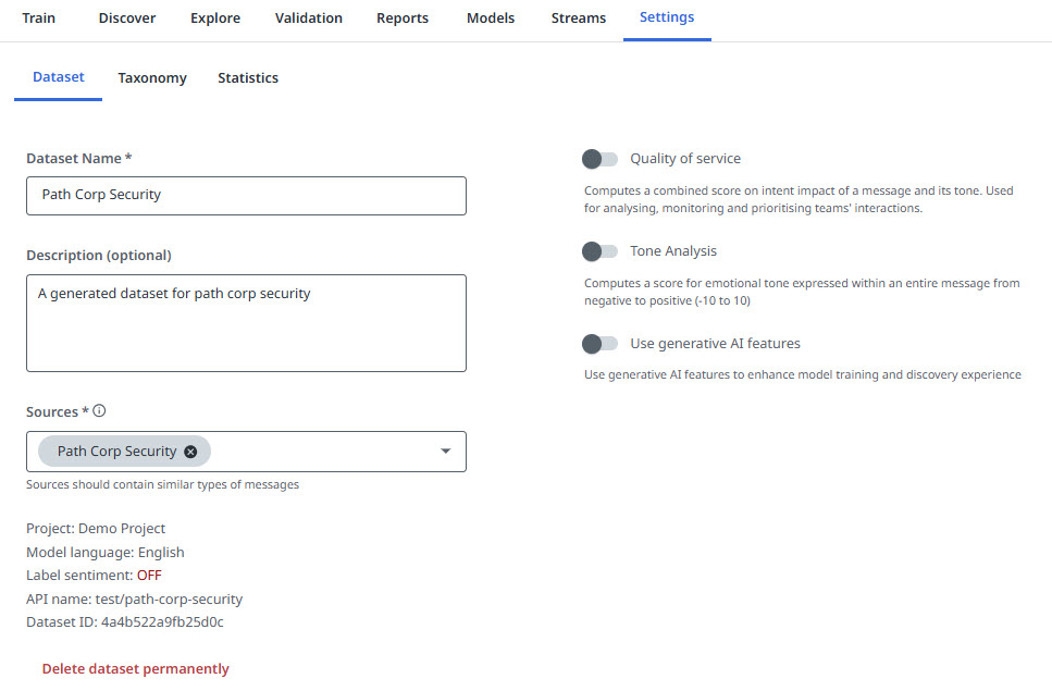 図は、データセットの [設定] タブの内容を示しています。