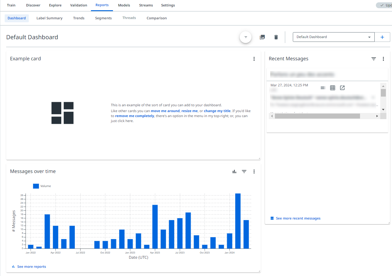 Das Bild zeigt die Standardseite des Dashboards auf der Registerkarte Berichte.